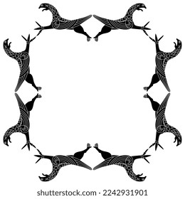 Square border or frame with fantastic winged griffins. Medieval Viking motif. Black and white silhouette.