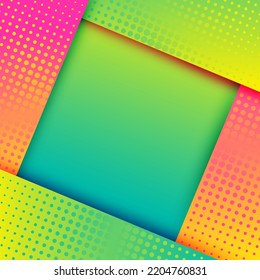 Square border frame with gradient halftone dots texture vector tech background. Paper overlay simple banner layout. Corner border and empty space. Comicn style design. Social media post frame.