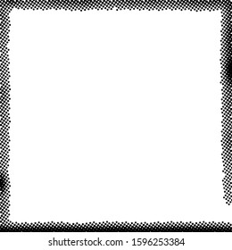 Square border frame isolated on white, grunge effect, halftone dots pattern, black and white vector illustration.