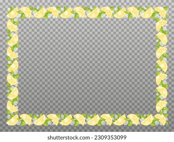 Square border frame with lemon, mint leaves and ice. Lemonade mojito. Can be used for cards, invitations. Isolated vector illustration.