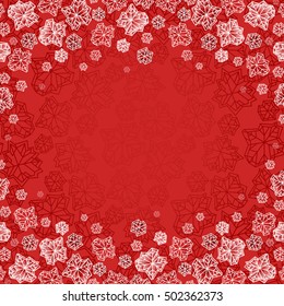 Square border frame. Polygonal trendy style snowflakes on red background. Holidays snowfall concept. Red white vector illustration stock vector.