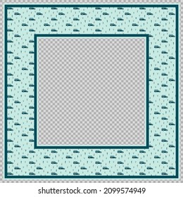 Square border for framing baby boys photos, kids drawings. Nice texture with cartoon cars off-road vehicles of blue - green color. Flat vector illustration for children. Cute isolated wide frame. 
