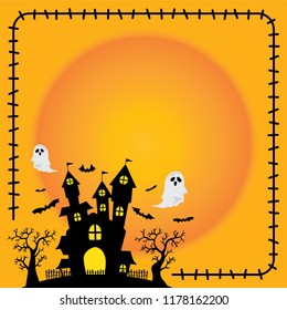 Square border Halloween silhouette castle with dead tree on orange background.