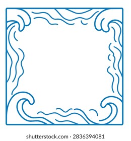 A square border illustration featuring stylized blue line art waves and water ripples in a decorative frame design on a white background