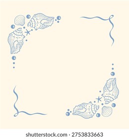 Square border template with blue line art sea shells, starfish and bubbles on beige background. Modern aesthetic nautical frame for invitations, cards, and summer sea designs