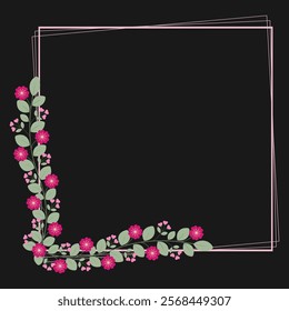 Square Borders Frame With Green Leaves And Love Pink Fuchsia Flowers