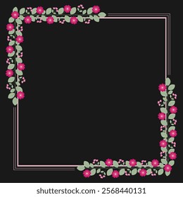 Square Borders Frame Or Wreath With Love Pink Fuchsia Flowers And Green Leaves