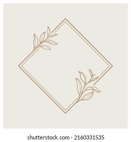 Square botanical frame element with green tea leaves. Simple contour vector illustration for packaging, corporate identity, labels, postcards, invitations.