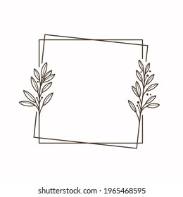 Square botanical frame element with laurel. Simple contour vector illustration for packaging, corporate identity, labels, postcards, invitations.