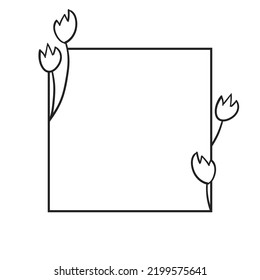 Square botanical frame element with leaves. Simple contour vector illustration.