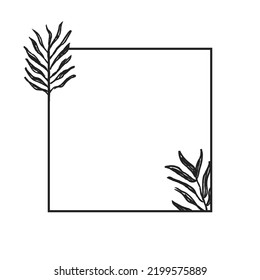 Square botanical frame element with leaves. Simple contour vector illustration.
