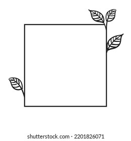 Square botanical frame element with leaves. Simple contour vector illustration.