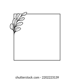 Elemento de marco botánico cuadrado con hojas. Ilustración vectorial de contorno simple.