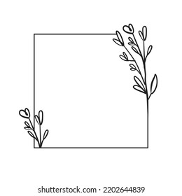 Square botanical frame element with leaves. Simple contour vector illustration.