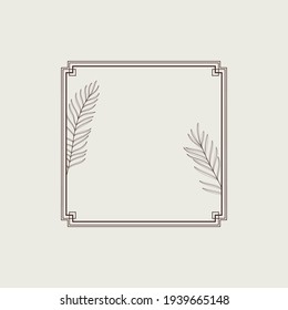 Viereckiges botanisches Rahmenelement mit Palmenblättern. Einfache Kontur, Vektorgrafik für Verpackung, Corporate Identity, Etiketten, Postkarten, Einladungen.