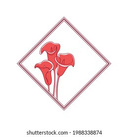 Square botanical frame element with zantedeschia flower. Simple contour vector illustration for packaging, corporate identity, labels, postcards, invitations.