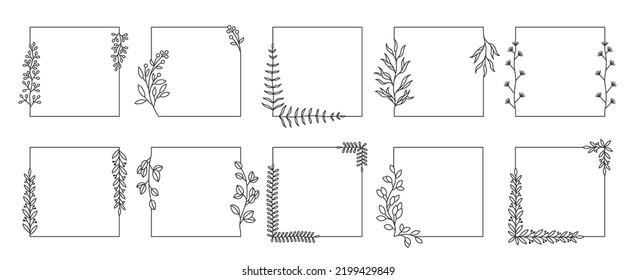 Square botanical frames. Line doodle herbal borders and floral framing decorative elements for invitation and greeting card. Vector wildflowers wedding set. Organic foliage elements
