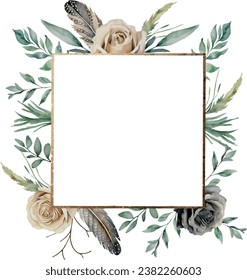 Square botanical vector design golden frame with roses, watercolor vector illustration. Geometrical dark golden thin border. Floral invitation, greeting card, postcard watercolour design element. Gold