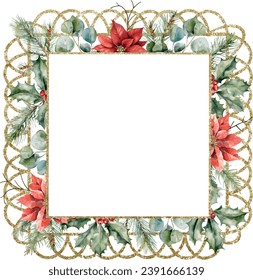 Square botanical vector lacy golden frame with  Holly berries, poinsettia, cedar branches, eucalyptus, watercolor vector illustration. Floral invitation, greeting card, postcard watercolour design.