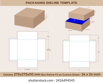 Square Box 275 x 275 x 110 mm, Lid H=85mm Dieline Template