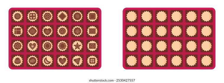 Caja cuadrada de chocolates para el día de San Valentín y más festival. Caja de chocolate de diseño plano de Vector. Conjunto de chocolates en una caja y varios otros dulces. Ilustración vectorial.