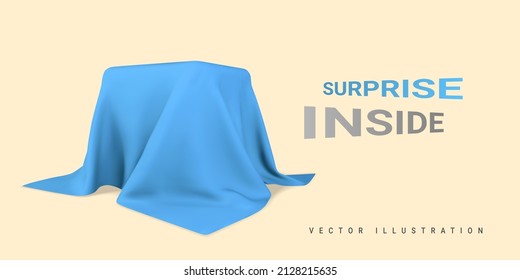 Square box covered with realistic blue silk fabric isolated on light background. Surprise inside. 3D realistic illustration. Vector illustration.