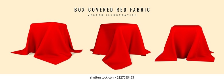 Square box covered with realistic red silk fabric isolated on light background. 3D realistic illustration. Vector illustration.