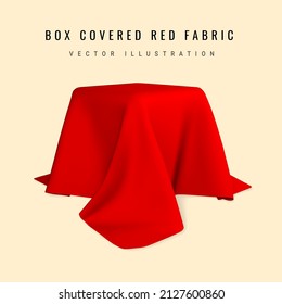 Square box covered with realistic red silk fabric isolated on light background. 3D realistic illustration. Vector illustration.