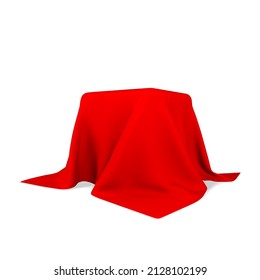 Square box covered with realistic red silk fabric isolated on light background. 3D realistic illustration. Vector illustration.