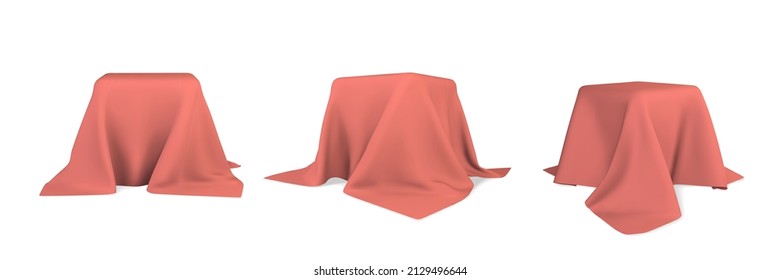 Square box covered with realistic red silk fabric isolated on light background. 3D realistic illustration. Vector illustration.