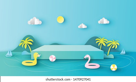 Square box design for used in placing your products in Summer season. with scenery of sea around. paper cut and craft style. vector, illustration.