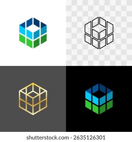 Square box logo design. 3D cube consist of bright color tiles icon. Minimalistic construction tech symbol in various styles