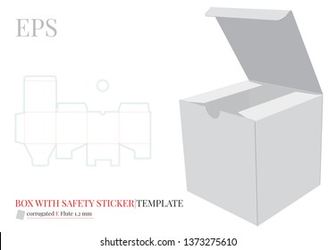 Square Box With Safety Sticker Template. Vector With Die Cut / Laser Cut Layers. White, Clear, Blank, Isolated Cube Mock Up On White Background With Perspective View. Packaging Design, 3D Presentation