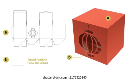 Square box with stenciled Chinese lantern and transparent plastic sheet die cut template