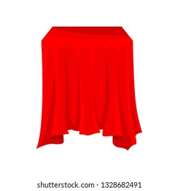 Square box or table covered with bright red cloth. Textile material. Table linen. Silk fabric. Flat vector design