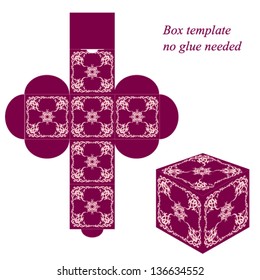 Square box template with floral elements, no glue needed. Vector illustration.