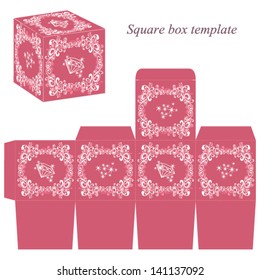 Square box template with floral elements and shiny diamond. Vector illustration.