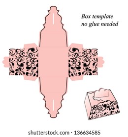 Square box template with handle, no glue needed. Floral pattern. Vector illustration.