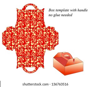 Square box template with handle, no glue needed. Floral pattern. Vector.