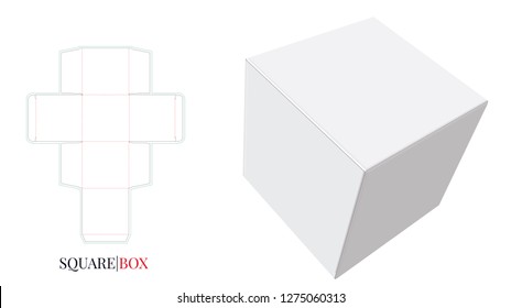 Square Box Template. Vector with die cut / laser cut layers. White, clear, blank, isolated Cube mock up on white background with perspective view. Packaging Design, 3D presentation