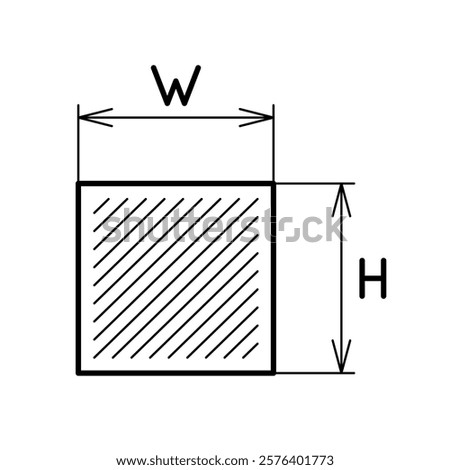 Square box or tile size icon. Width and height length with thin arrow lines. Diagonal line hatching plate surface. Adjustable stroke.