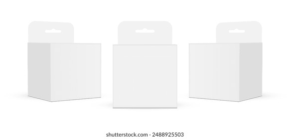 Square Boxes With Hang Tab, Isolated On White Background, Front And Side View. Vector Illustration