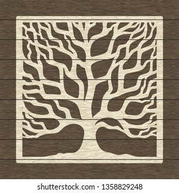 Square branchy tree with roots painted on a dark wooden background. Vector illustration