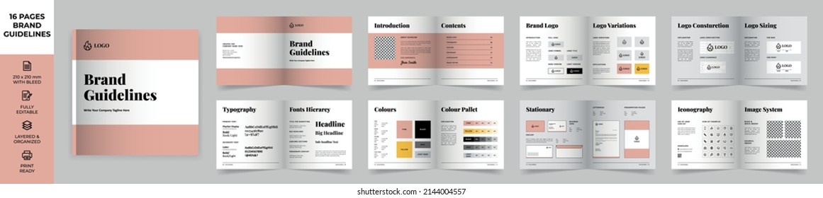 Square Brand Guideline Template, Simple style and modern layout Brand Style, Brand Manual, Guide Book, Brand Guideline Presentation