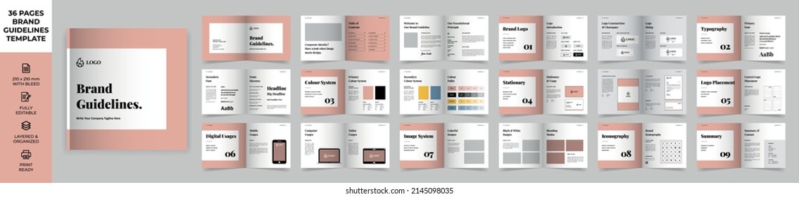 Square Brand Guideline Template, Simple style and modern layout Brand Style, Brand Manual, Guide Book, Brand Guideline Presentation