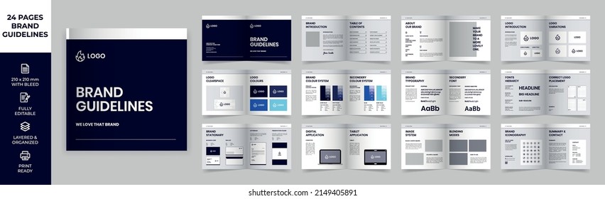 Square Brand Guideline Template, Simple style and modern layout Brand Style, Brand Manual, Guide Book, Brand Guideline Presentation