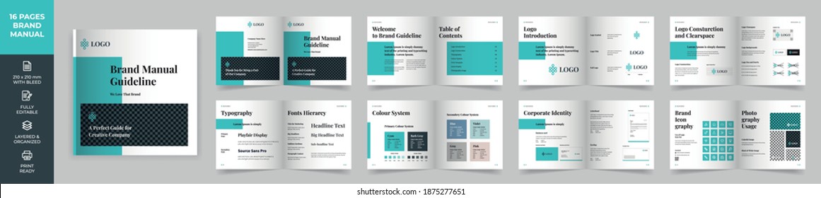 Square Brand Manual Template, Simple style and modern layout Brand Book, Brand Identity, Brand Guideline, Guide Book