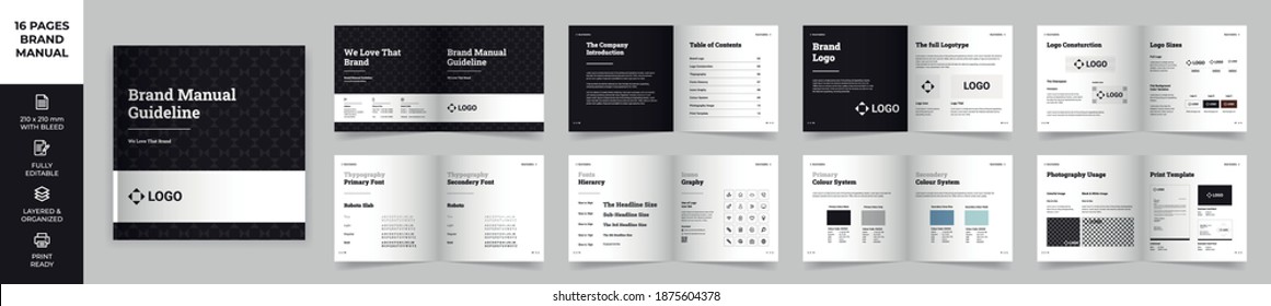 Square Brand Manual Template, Simple Style And Modern Layout Brand Book, Brand Identity, Brand Guideline, Guide Book