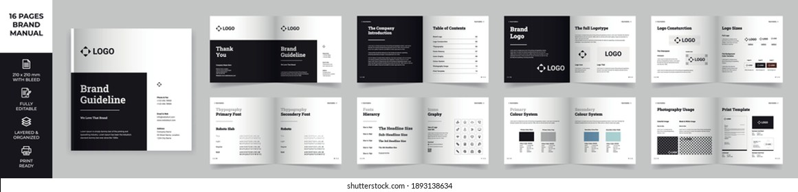 Square Brand Manual Template, Simple Style And Modern Layout Brand Book, Brand Identity, Brand Guideline, Guide Book