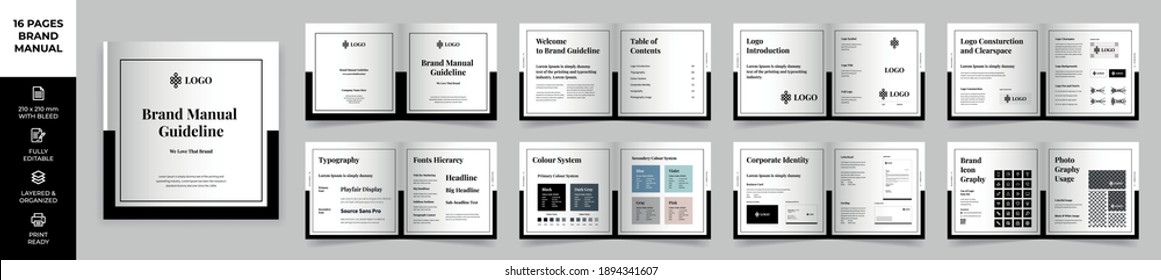 Square Brand Manual Template, Simple style and modern layout Brand Book, Brand Identity, Brand Guideline, Guide Book